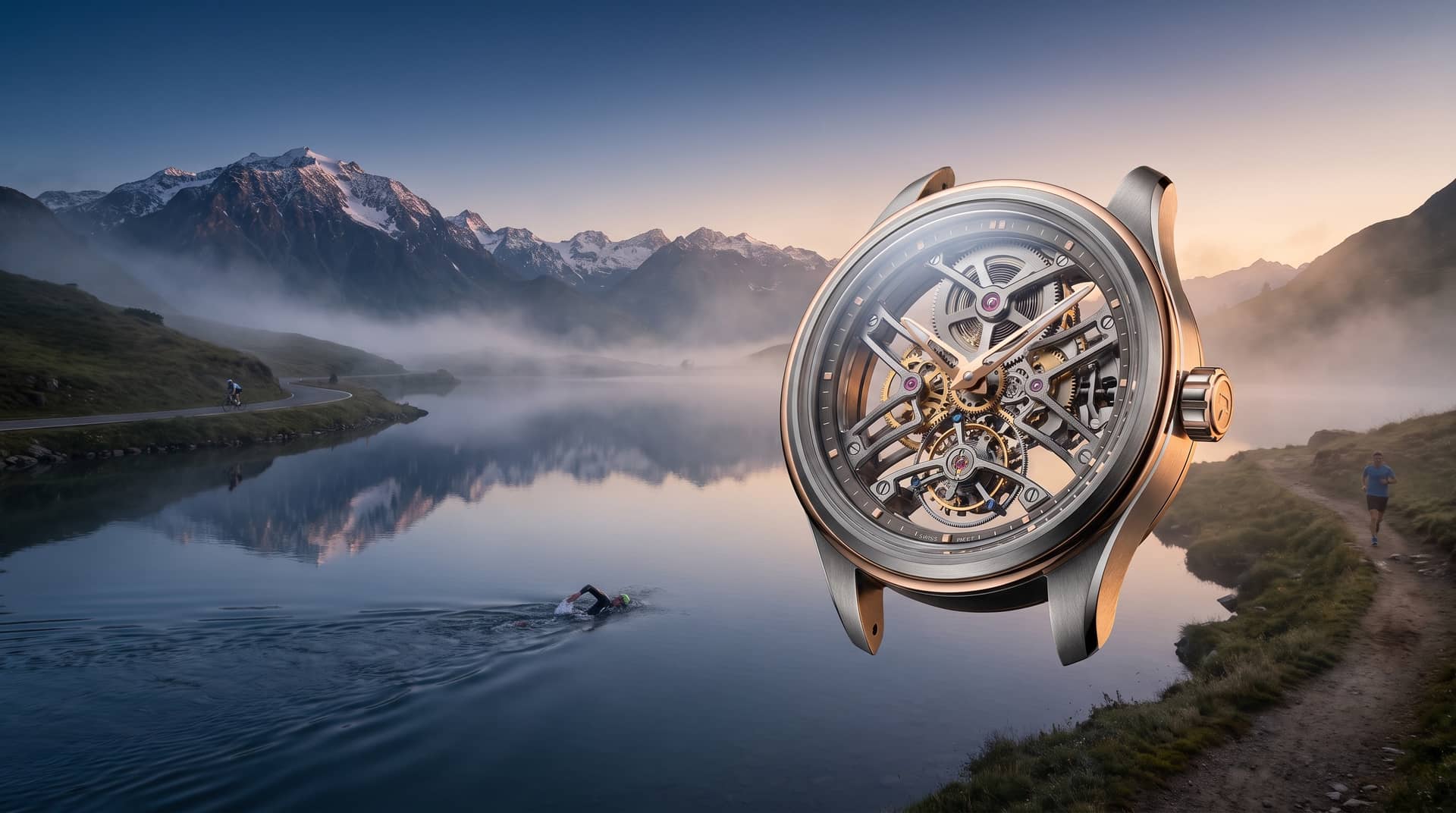 A skeletonised mechanical watch, whole, against a Swiss alpine lake and peaks; a swimmer, cyclist and runner tiny in the scene